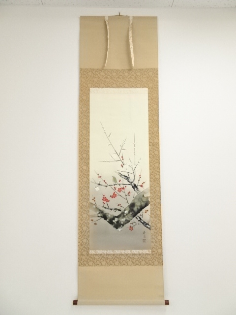 JAPANESE HANGING SCROLL / HAND PAINTED / UME WITH NIGHTINGALE